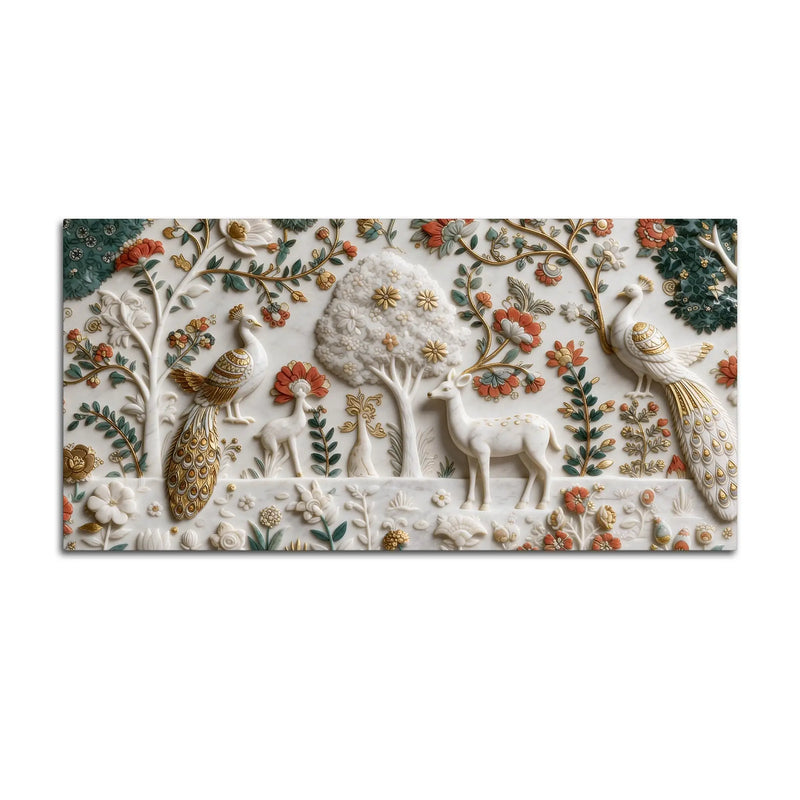 Royal Peacock & Deer in Enchanted Floral Garden 3D Canvas Wall Painting