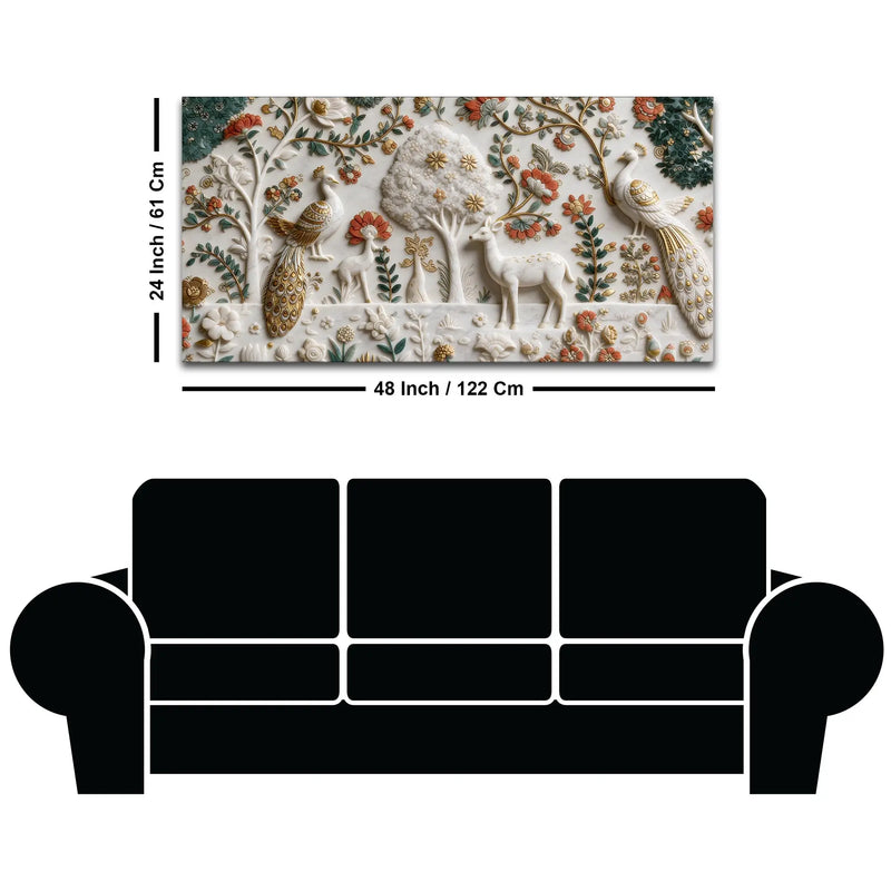 Royal Peacock & Deer in Enchanted Floral Garden 3D Canvas Wall Painting