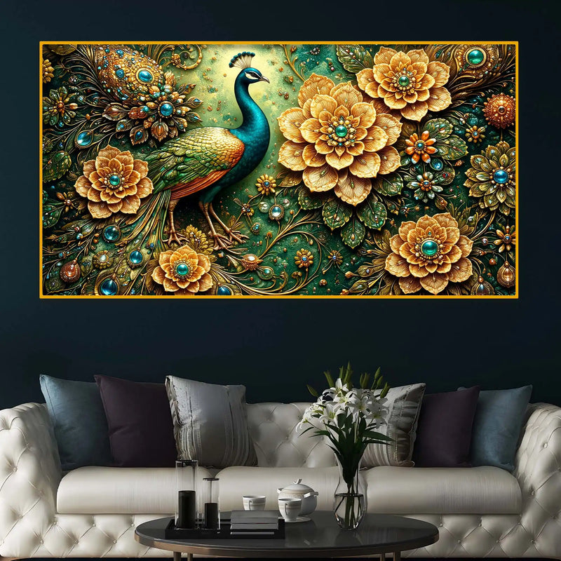 Royal Peacock Floral Crystal Glass Wall Painting for Luxury Decor