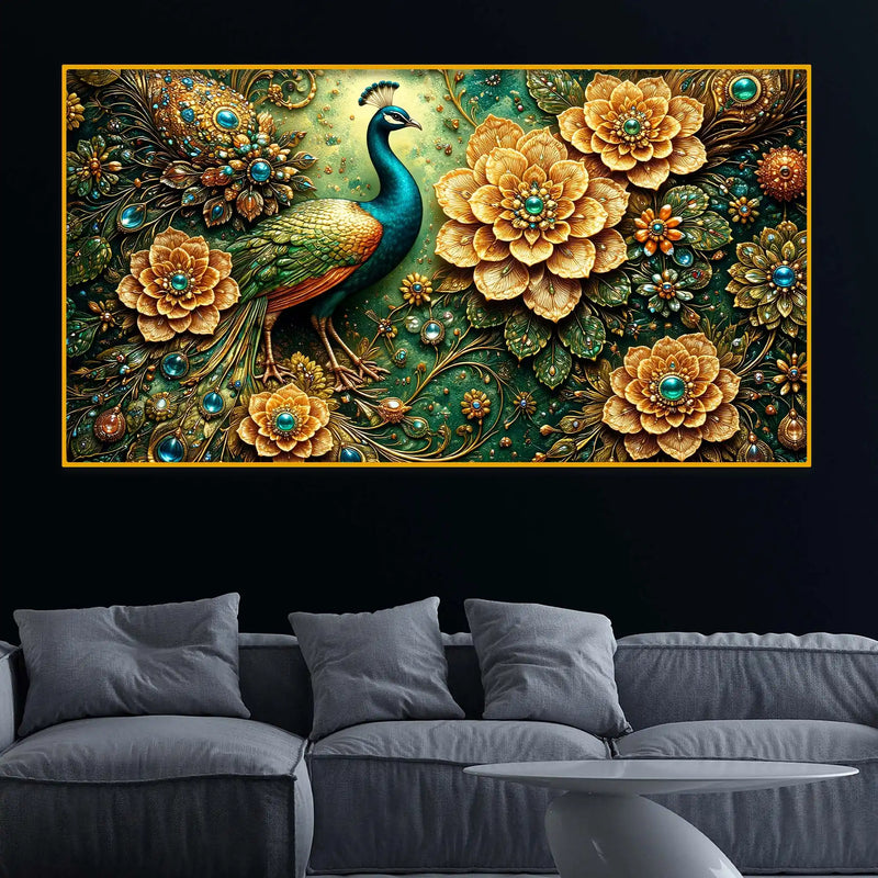 Royal Peacock Floral Crystal Glass Wall Painting for Luxury Decor