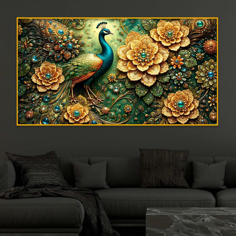 Royal Peacock Floral Crystal Glass Wall Painting for Luxury Decor