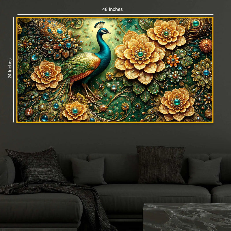Royal Peacock Floral Crystal Glass Wall Painting for Luxury Decor