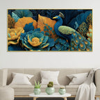 royal-peacock-in-a-garden-of-teal-and-gold-color-canvas-wall-painting
