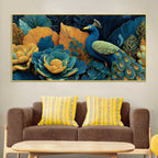 Royal Peacock in a Garden of Teal and Gold Color Canvas Wall Painting