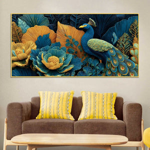 Royal Peacock in a Garden of Teal and Gold Color Canvas Wall Painting