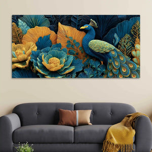 Royal Peacock in a Garden of Teal and Gold Color Canvas Wall Painting