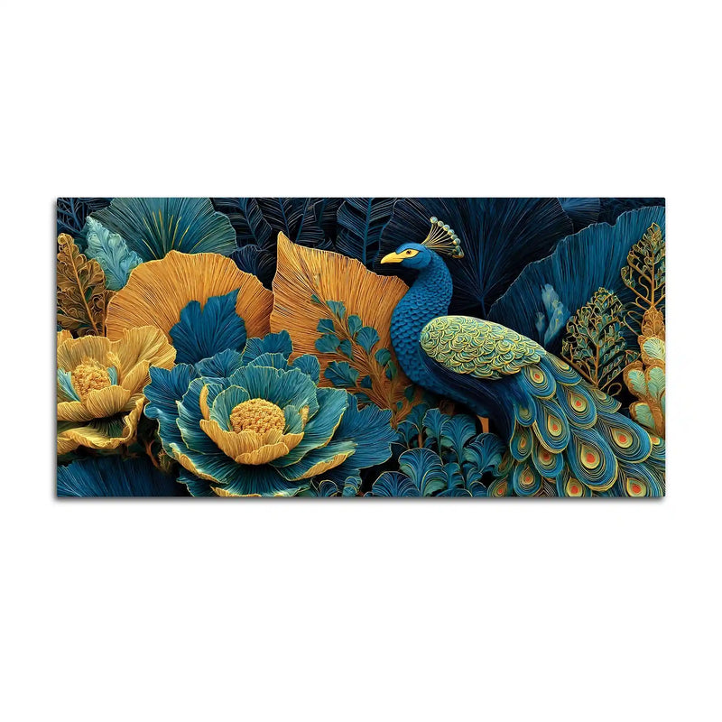 Royal Peacock in a Garden of Teal and Gold Color Canvas Wall Painting