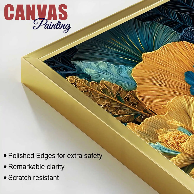 Royal Peacock in a Garden of Teal and Gold Color Canvas Wall Painting