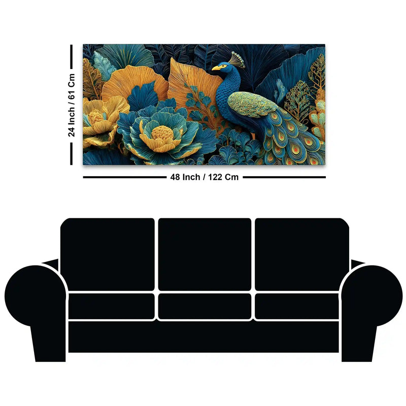Royal Peacock in a Garden of Teal and Gold Color Canvas Wall Painting