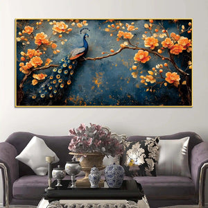 Royal Peacock on Blossom Branch Canvas Wall Painting for Living Room Decor
