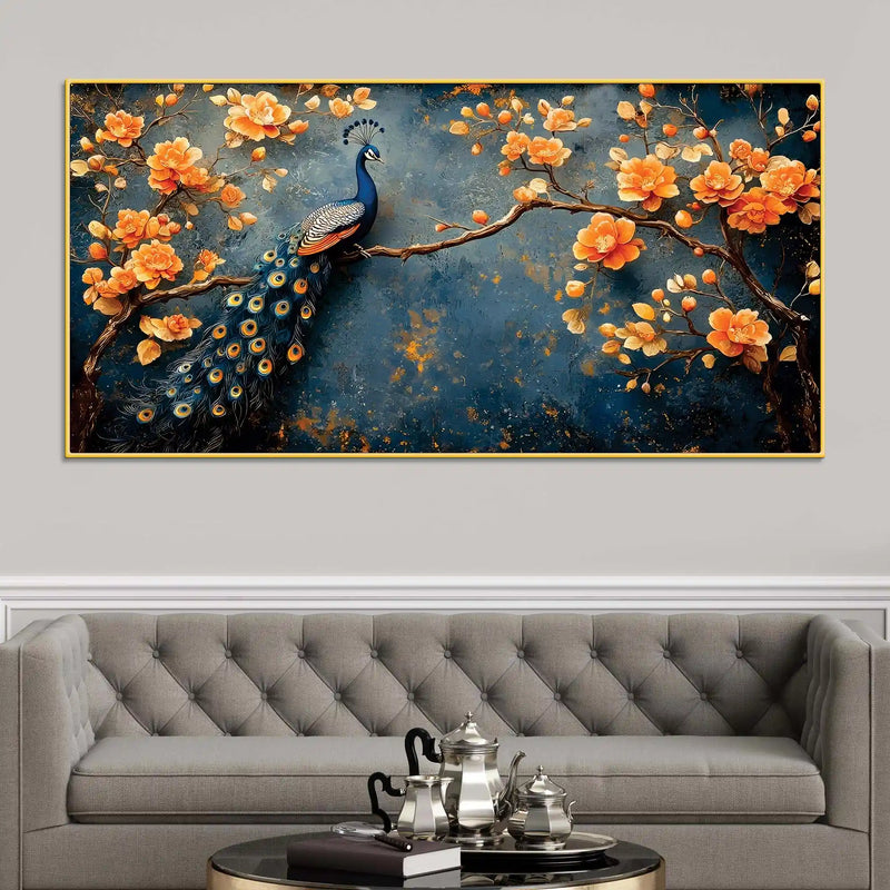 Royal Peacock on Blossom Branch Canvas Wall Painting for Living Room Decor