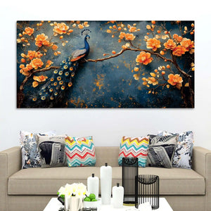 Royal Peacock on Blossom Branch Canvas Wall Painting for Living Room Decor