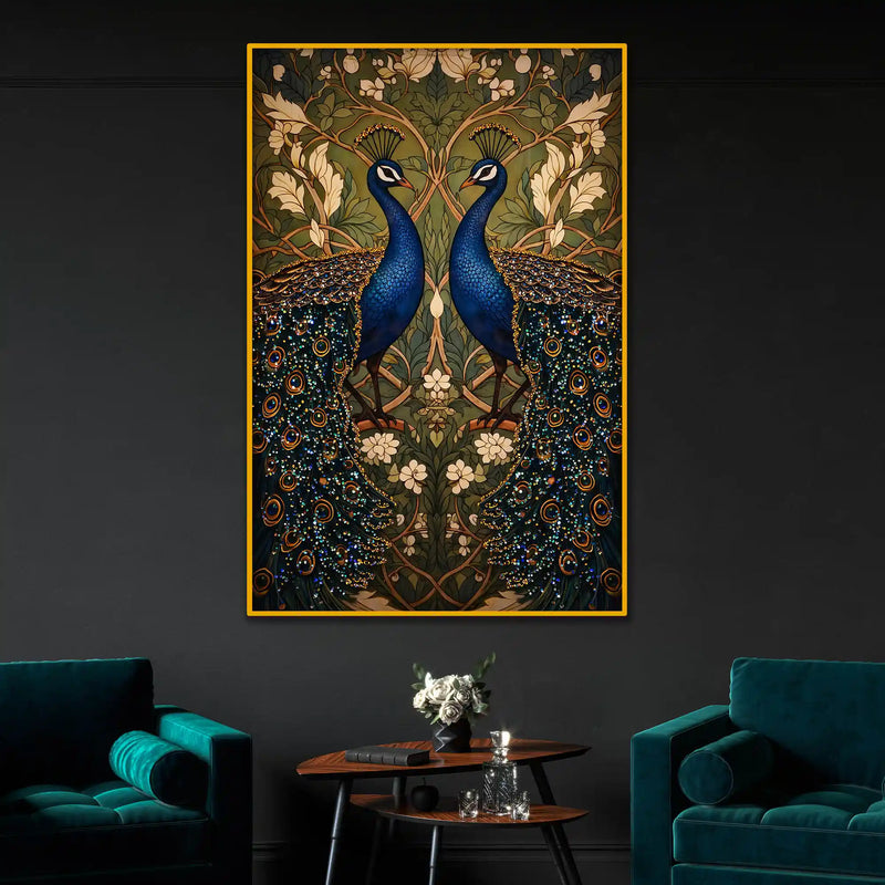 Royal Peacock Pair Floating Frame Crystal Wall Painting