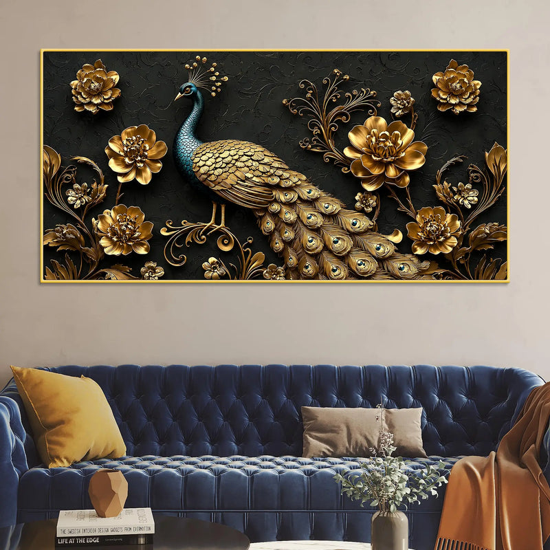 Royal Peacock with Golden Floral Elegance 3D Canvas Wall Painting