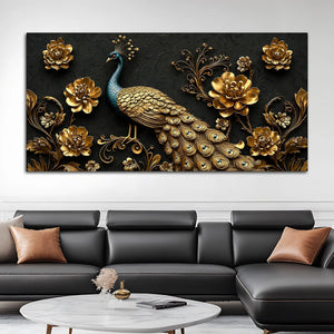 Royal Peacock with Golden Floral Elegance 3D Canvas Wall Painting