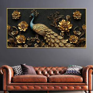 Royal Peacock with Golden Floral Elegance 3D Canvas Wall Painting