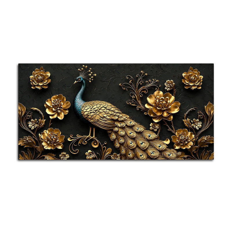 Royal Peacock with Golden Floral Elegance 3D Canvas Wall Painting