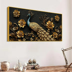Royal Peacock with Golden Floral Elegance 3D Canvas Wall Painting