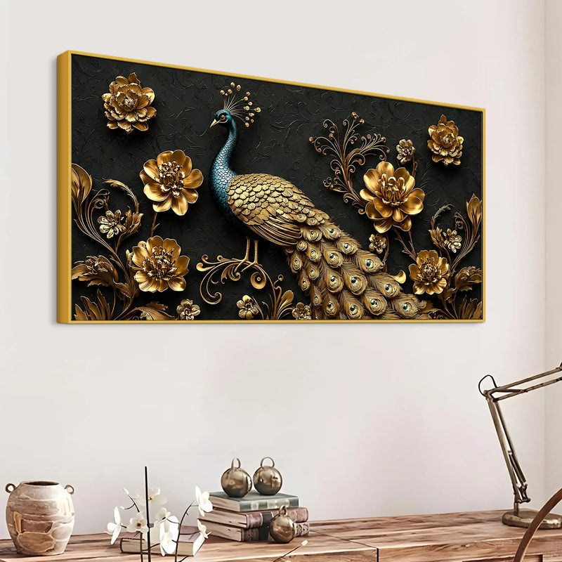 Royal Peacock with Golden Floral Elegance 3D Canvas Wall Painting