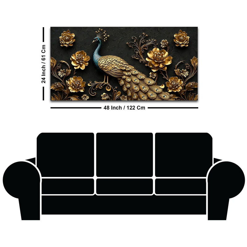 Royal Peacock with Golden Floral Elegance 3D Canvas Wall Painting