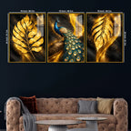 Royal Peacock with Golden Leaf Floating Acrylic Wall Painting Set of 3