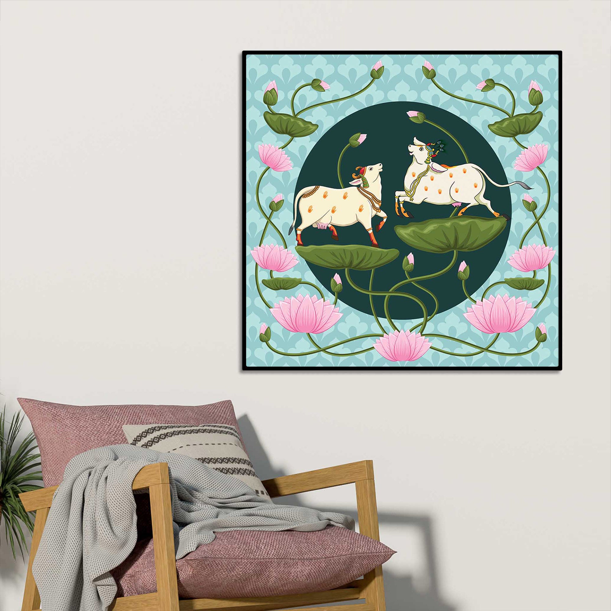 Royal Pichwai Cow Canvas Painting with Lotus | Ethnic Wall Art