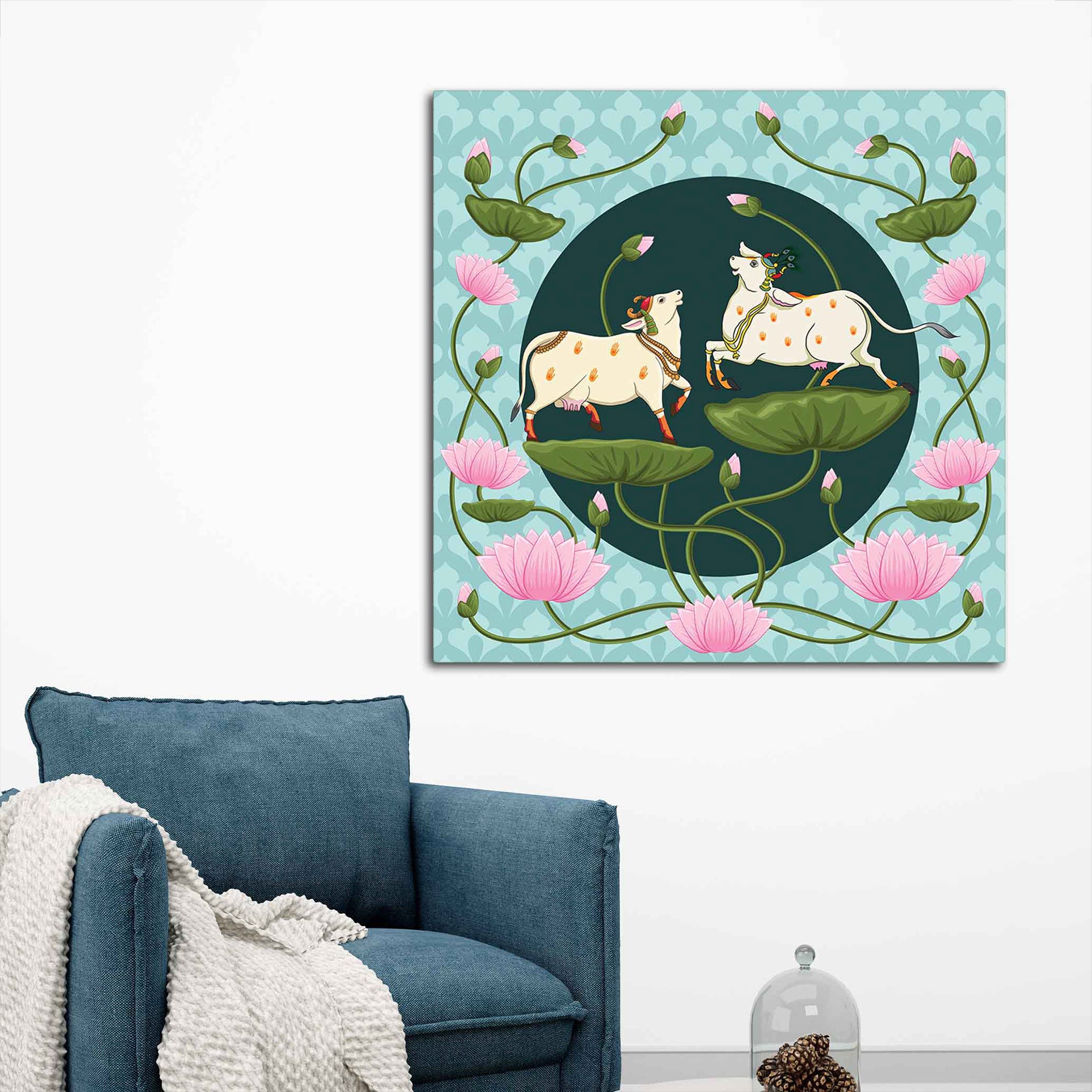 Royal Pichwai Cow Canvas Painting with Lotus | Ethnic Wall Art