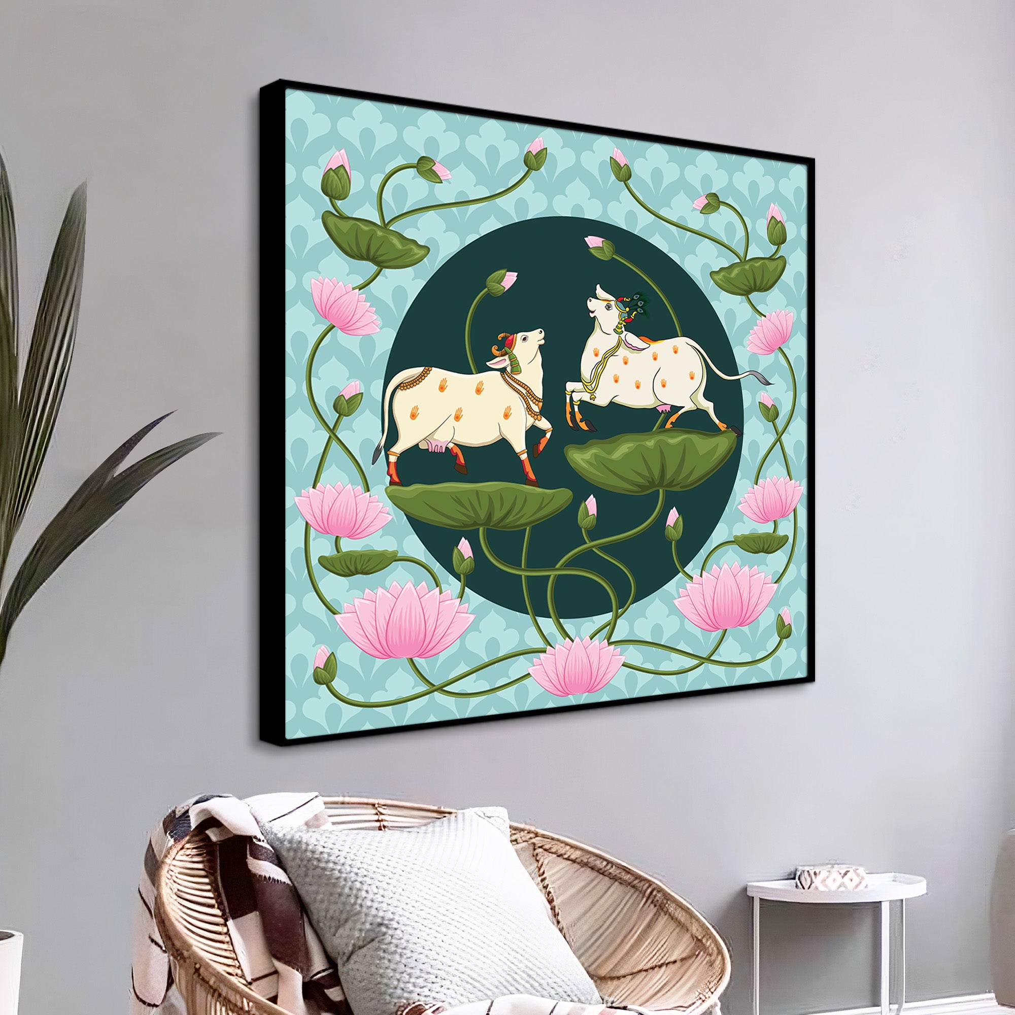 Royal Pichwai Cow Canvas Painting with Lotus | Ethnic Wall Art