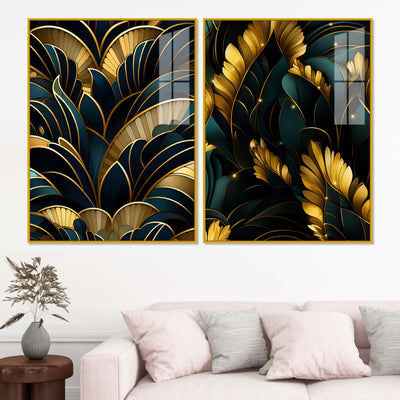 Royal Teal & Golden Botanical Acrylic Floating Wall Painting Set of 2