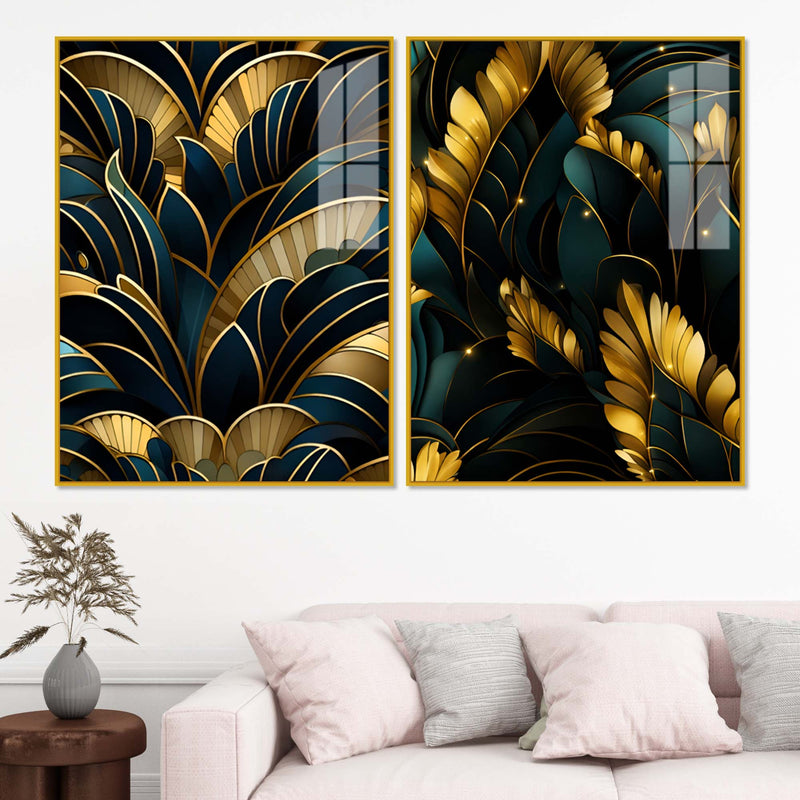 Royal Teal & Golden Botanical Acrylic Floating Wall Painting Set of 2