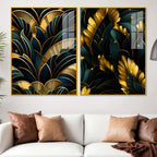 Royal Teal & Golden Botanical Acrylic Floating Wall Painting Set of 2