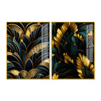 Royal Teal & Golden Botanical Acrylic Floating Wall Painting Set of 2