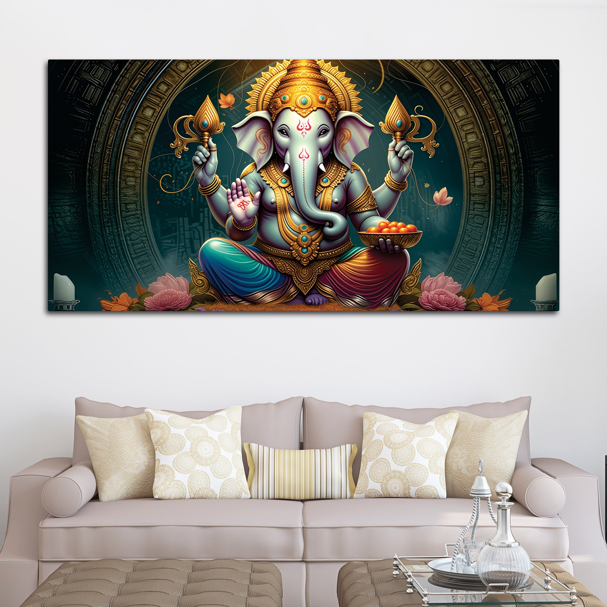 Royal Temple Inspired Lord Shri Ganeshji Canvas Wall Art Painting for Home & Office – Elegant Spiritual Wall Décor