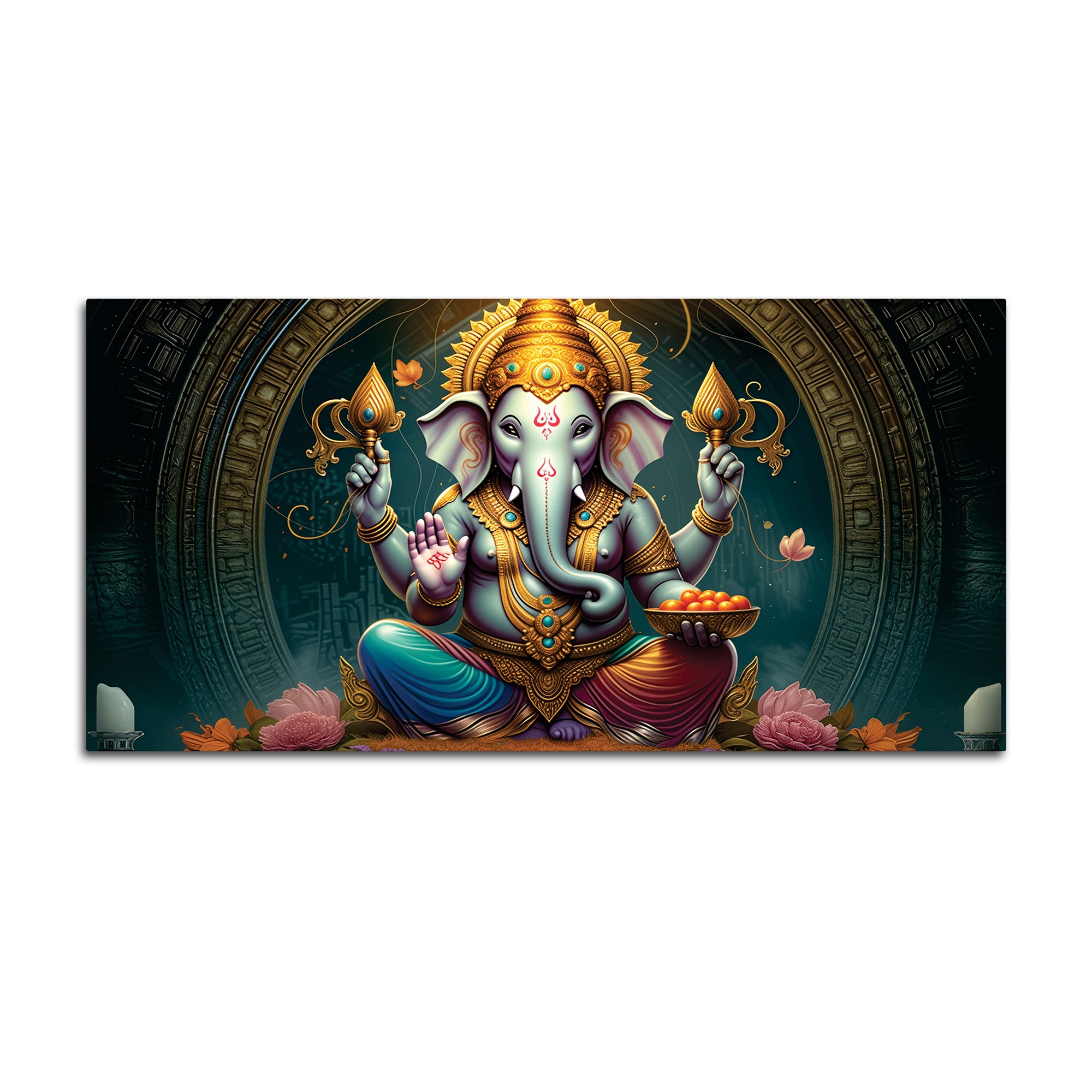Royal Temple Inspired Lord Shri Ganeshji Canvas Wall Art Painting for Home & Office – Elegant Spiritual Wall Décor