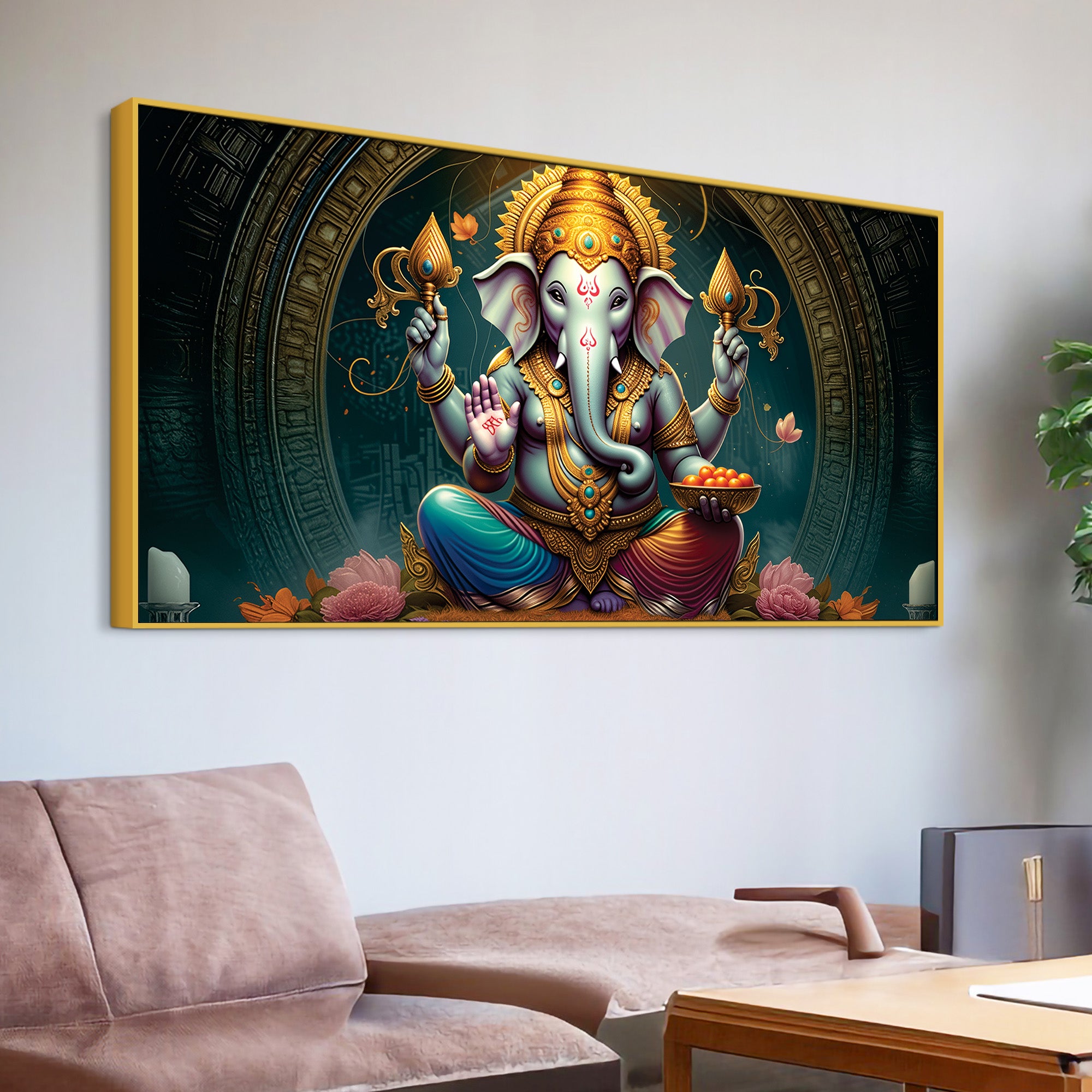 Royal Temple Inspired Lord Shri Ganeshji Canvas Wall Art Painting for Home & Office – Elegant Spiritual Wall Décor