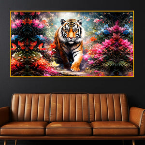 Royal Tiger In Floral Garden Crystal Glass Painting for Luxury Wall Decor