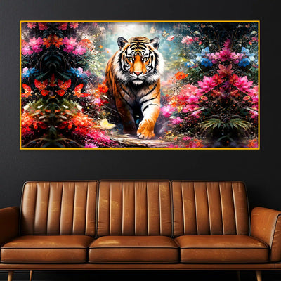 Royal Tiger In Floral Garden Crystal Glass Painting for Luxury Wall Decor