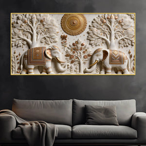 Royal Twin Elephants Beneath Sacred Trees 3D Effect Canvas Wall Painting
