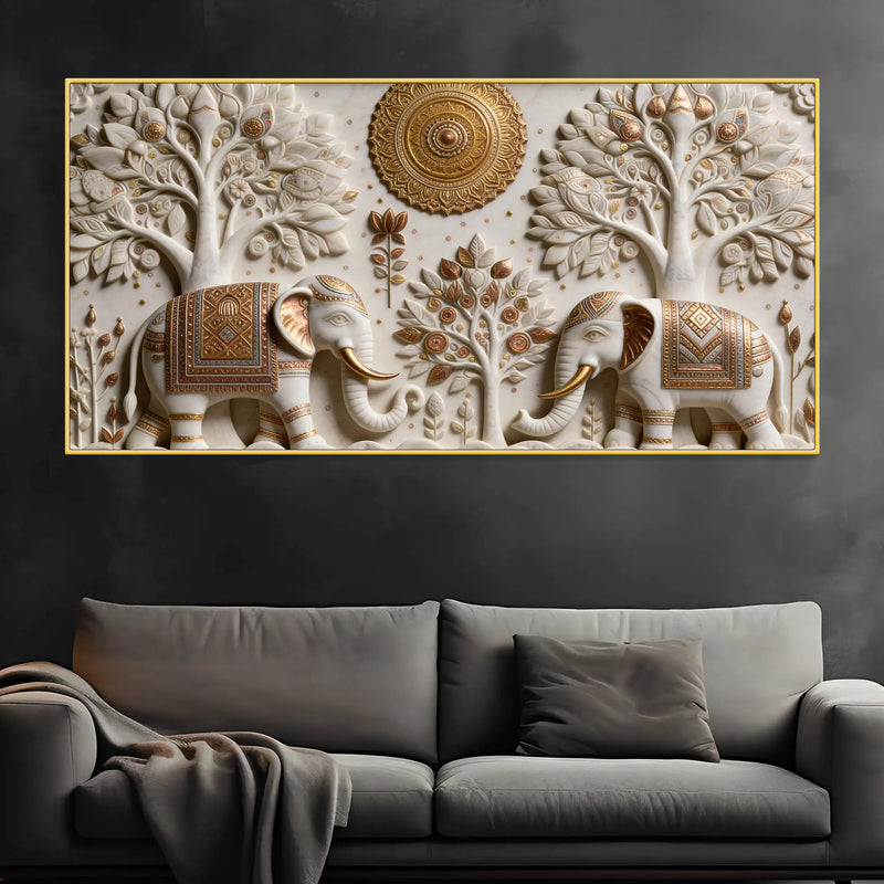 Royal Twin Elephants Beneath Sacred Trees 3D Effect Canvas Wall Painting