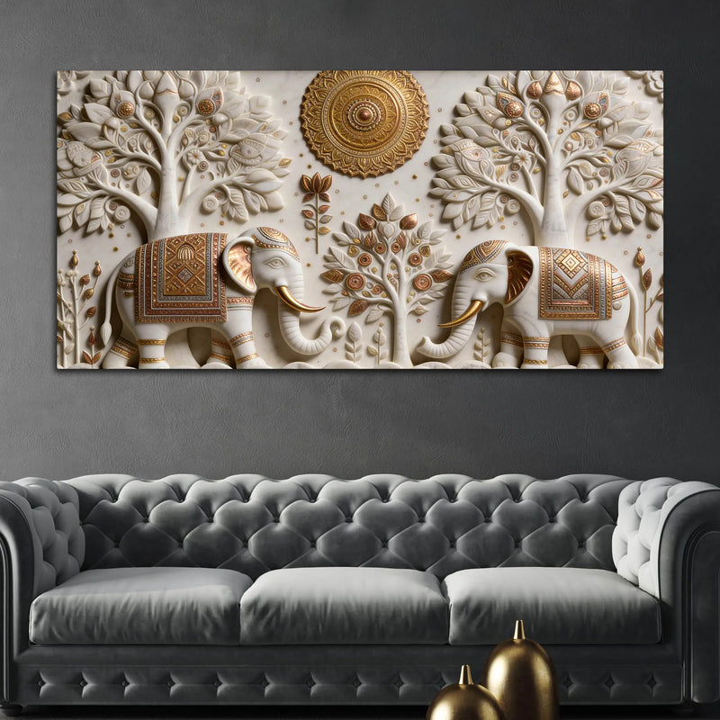 Royal Twin Elephants Beneath Sacred Trees 3D Effect Canvas Wall Painting