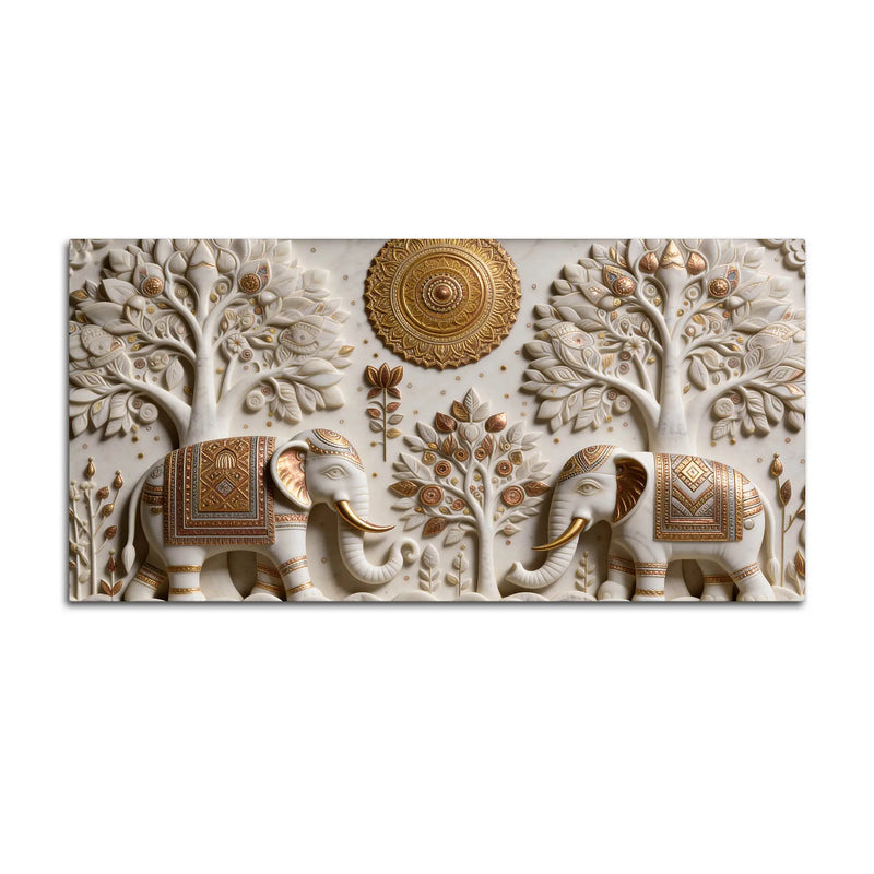 Royal Twin Elephants Beneath Sacred Trees 3D Effect Canvas Wall Painting