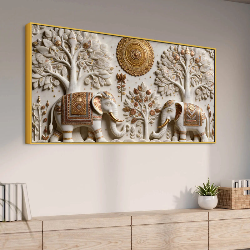Royal Twin Elephants Beneath Sacred Trees 3D Effect Canvas Wall Painting