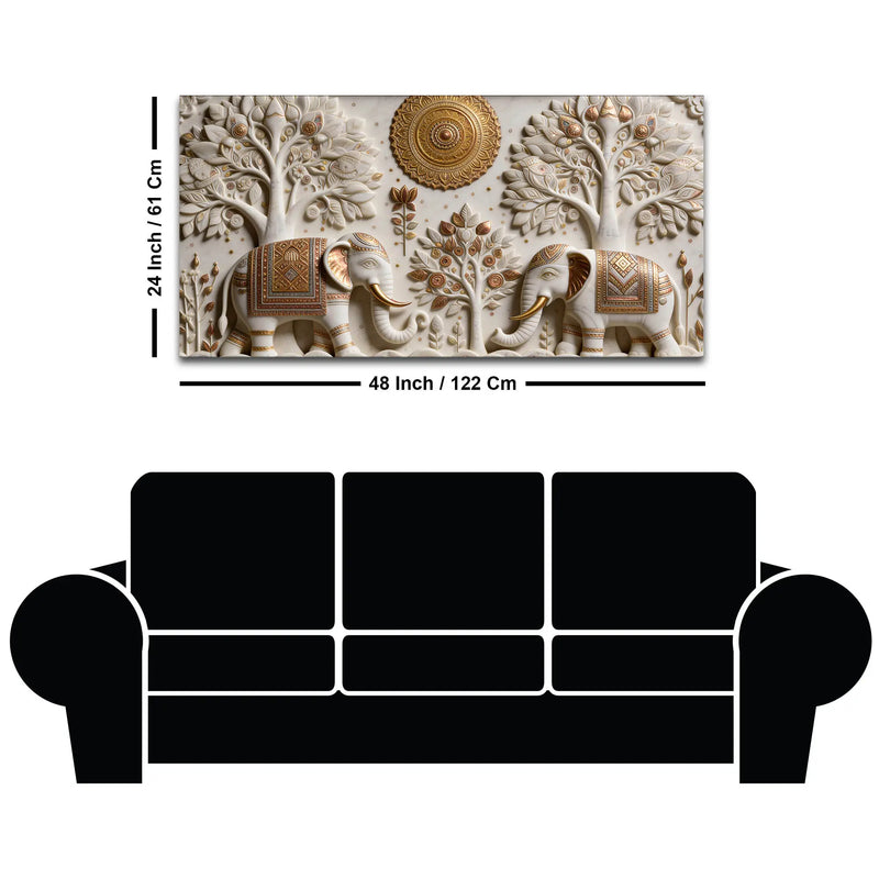 Royal Twin Elephants Beneath Sacred Trees 3D Effect Canvas Wall Painting