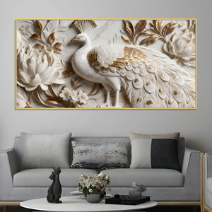 Royal White and Golden Peacock in Blooming Floral Garden 3D Canvas Wall Painting