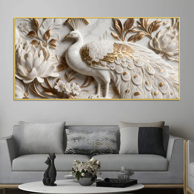 Royal White and Golden Peacock in Blooming Floral Garden 3D Canvas Wall Painting