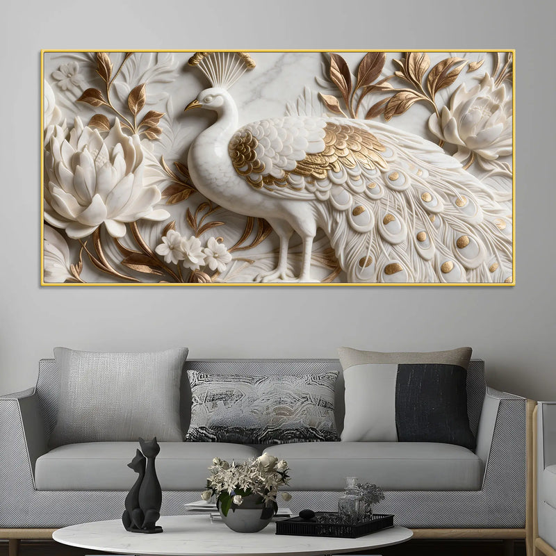 Royal White and Golden Peacock in Blooming Floral Garden 3D Canvas Wall Painting