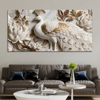 Royal White and Golden Peacock in Blooming Floral Garden 3D Canvas Wall Painting