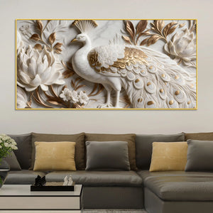 Royal White and Golden Peacock in Blooming Floral Garden 3D Canvas Wall Painting