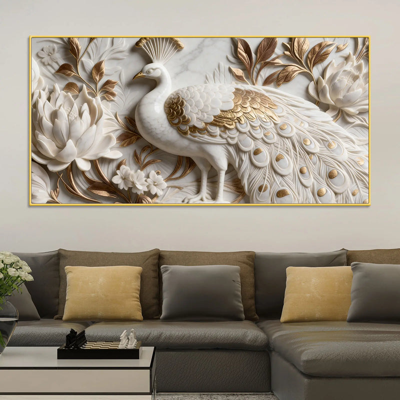 Royal White and Golden Peacock in Blooming Floral Garden 3D Canvas Wall Painting