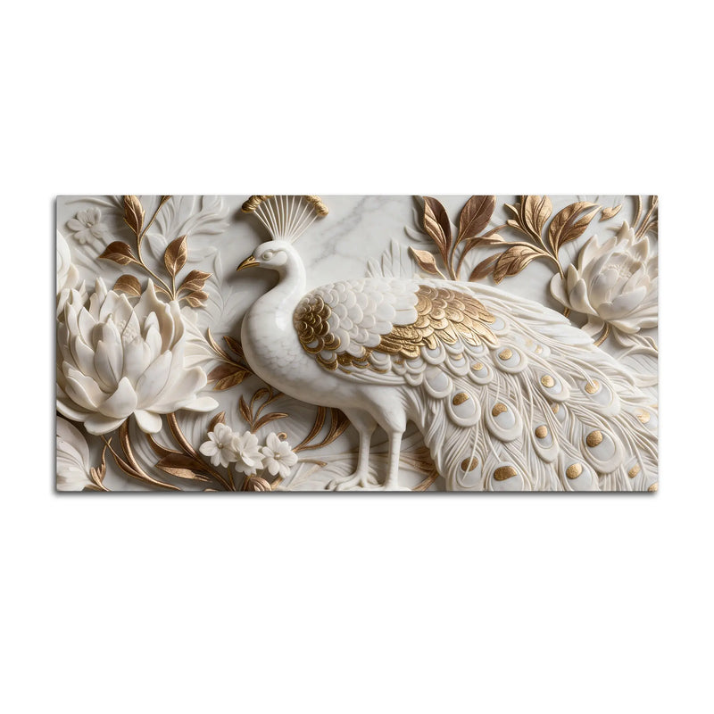 Royal White and Golden Peacock in Blooming Floral Garden 3D Canvas Wall Painting